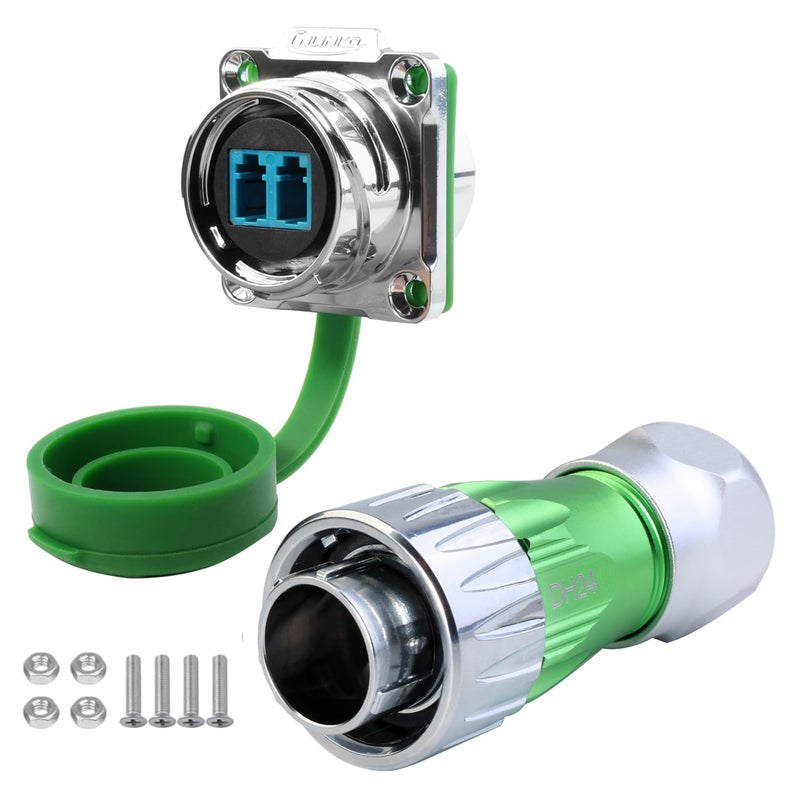 CNLINKO DH-24 Fiber Optic Connector, LC Single Mode Dual Core, Metal Aviation Plug and Panel Mount Socket, IP68 Waterproof Connector for Internet Devices, M24 Signal Connector (Fiber Optic Set) - Image 1